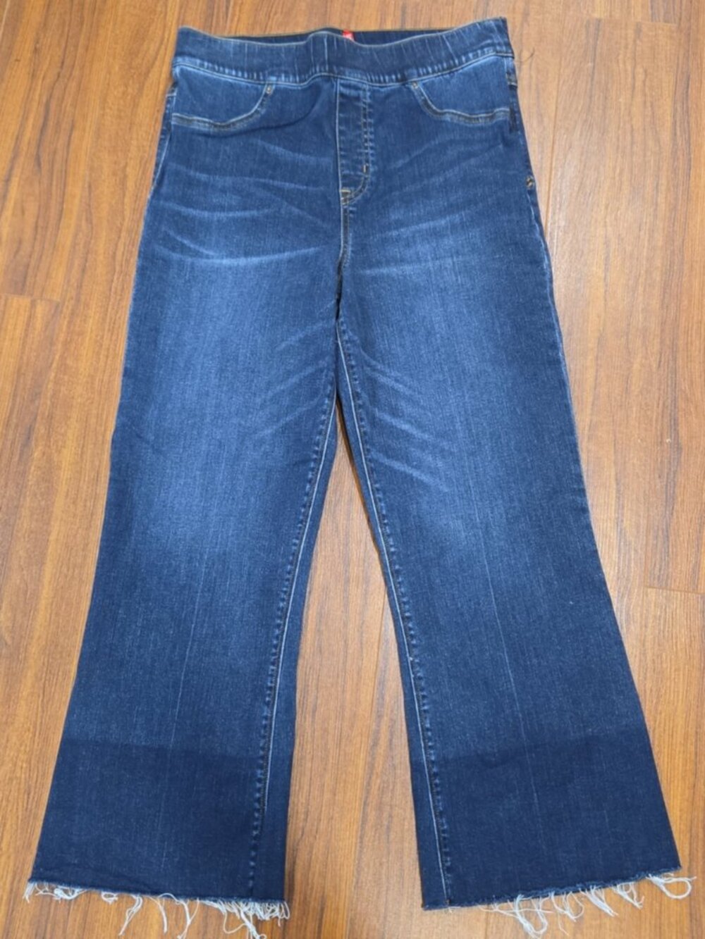 Spanx Raw Hem Kick Flare Womens Jeans L High Rise Cropped Fringe Hem Pull On